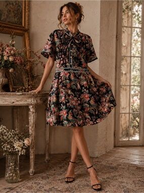Dalia Macphee | Dresses | Dalia Macphee Long Sleeve Floral Eyelet Lace Trim  Mini Dress | Poshmark